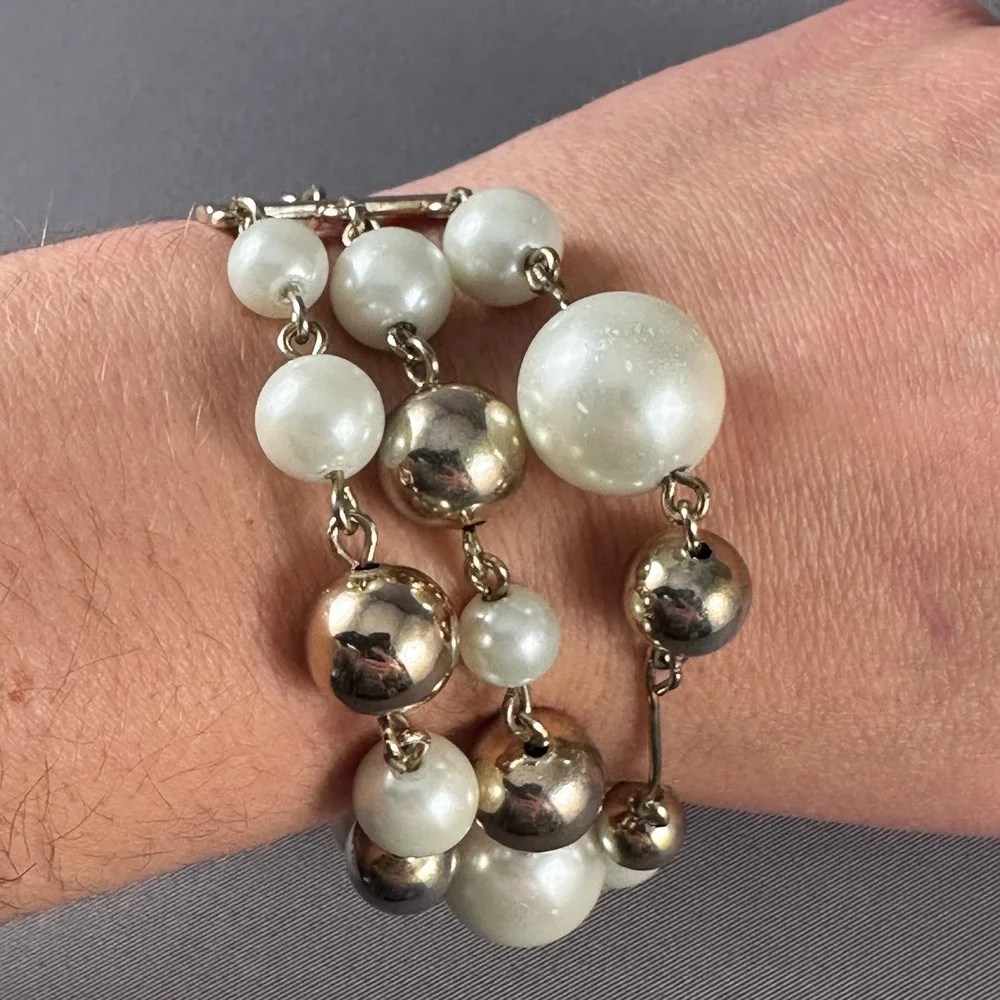 Talbots Chunky Pearl Beaded Multi Strand Charm Bracelet Silver Tone Toggle Clasp